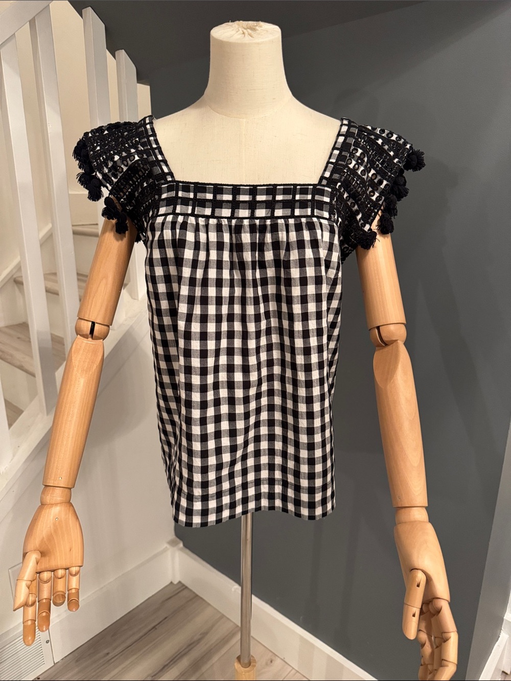 JCrew Black and White Gingham Blouse. Eyelet, Tassel and Fringe Detail. Size 4